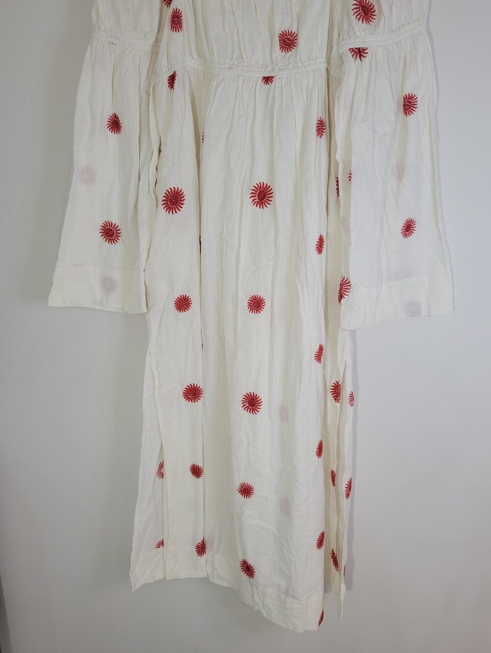 FREE PEOPLE WOMEN SIZE M White Midi Peasant Dress with Red Sunburst Embroidery - Picture 8 of 12